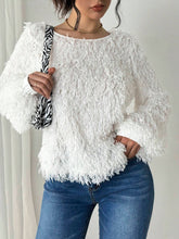 Women Fluffy Feather Lantern Sleeve Crew Neck Long Sleeve T-Shirt